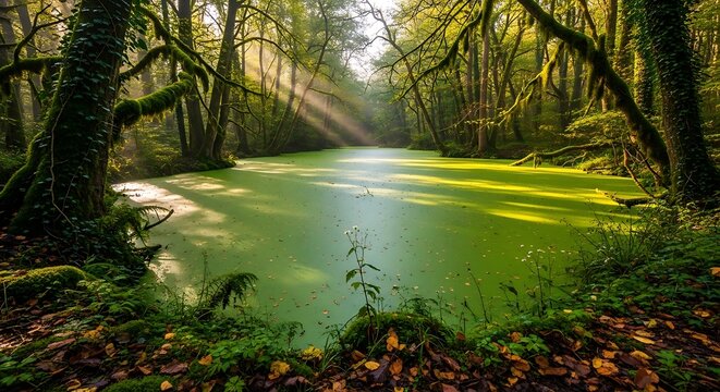 Sunbeams filtering through lush forest onto a mossy green pond