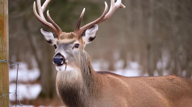Wild deer with large antlers standing in a snowy forest under cold daylight
