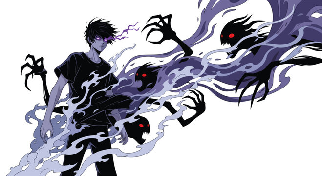 Anime-style illustration of a young man with dark hair and clothing surrounded by swirling purple smoke and eerie red-eyed tendrils on a white background.