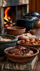 Obraz premium Hearty rustic meal with roasted meats and bread served near a crackling fireplace