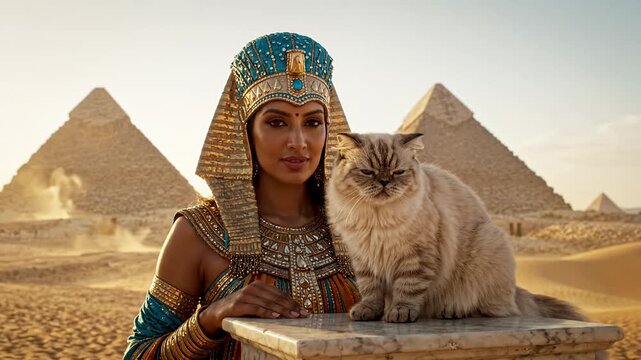 Majestic Royal Egyptian Queen with Cat at Ancient Giza Pyramids Sunset