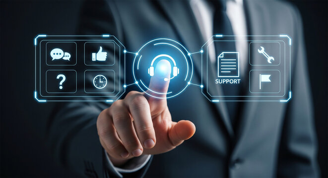 Customer support virtual interface, businessman touching digital headset icon, online technical assistance and help desk service concept