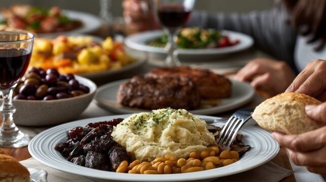 Hearty dinner spread with steak, mashed potatoes, beans, and olives
