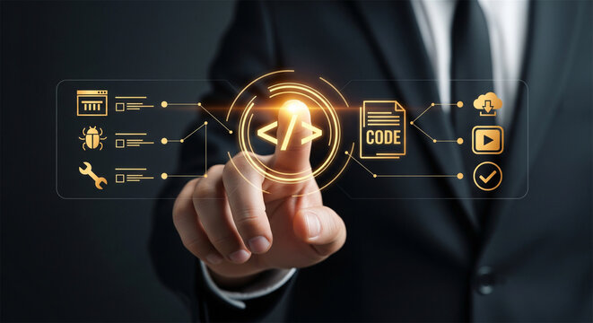 Software developer touching virtual coding interface, programmer working with digital script icons, web development and cloud computing concept