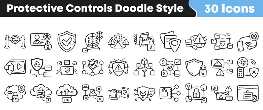 Hand drawn doodle style icons representing digital protective security controls set