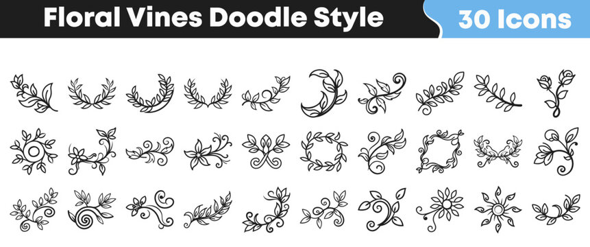 Hand drawn floral vine icons in a simple doodle style set