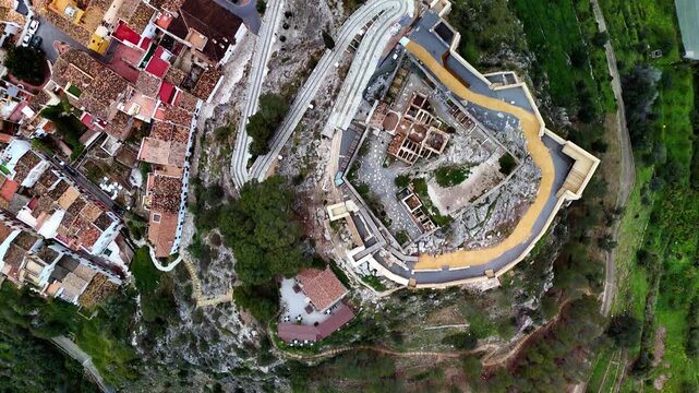Aerial top down view of Polop castle, Costa Blanca, Spain