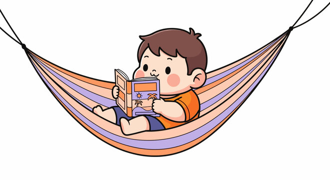 Young boy reading a colorful book in a hammock.