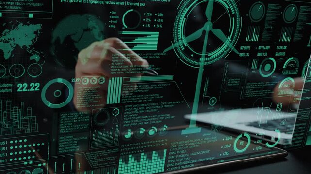 Explore a high-tech digital interface showcasing green energy concepts with innovative data visualizations focused on sustainability, technology advancements, and environmental impact. Cipher