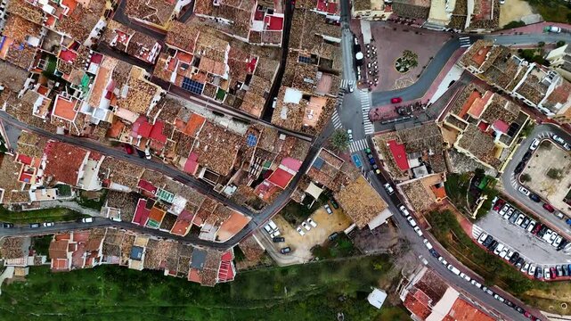 Aerial top down view of town rooftops, Polop, Costa Blanca, Spain