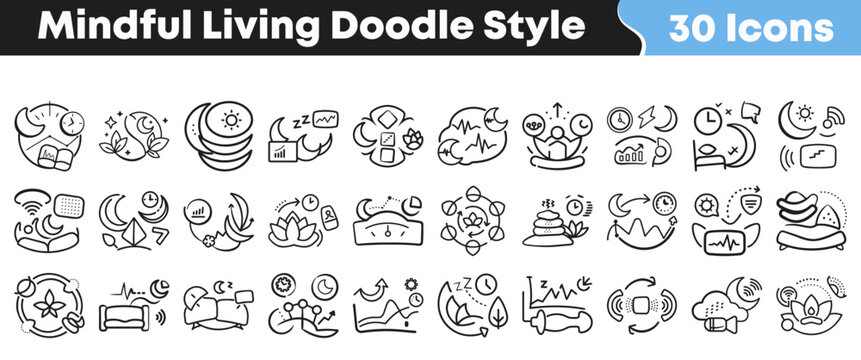 Set of thirty hand drawn mindful living doodle style icons