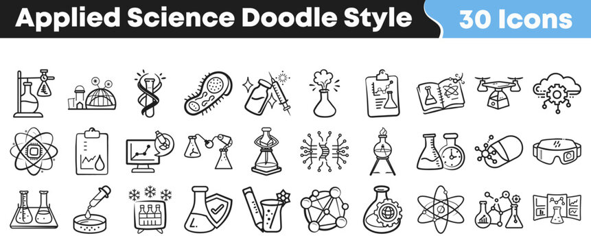 Set of hand drawn applied science icons in doodle sketch style