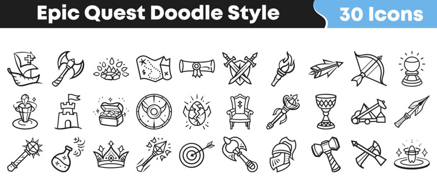 Set of thirty hand drawn fantasy epic quest doodle icons