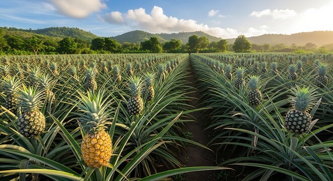Pineapple plantation field under a sunny sky with mountain backdrop