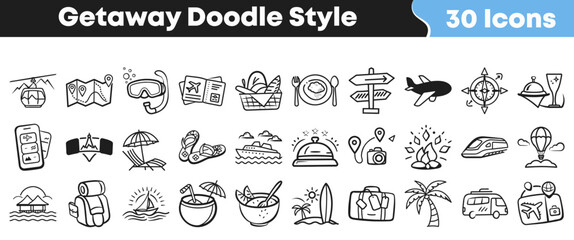Collection of thirty travel themed hand drawn doodle style icons © Vectoravec