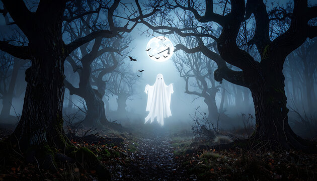 Ethereal ghost floating in a dark, misty forest under a full moon, spooky atmosphere, halloween theme, digital art