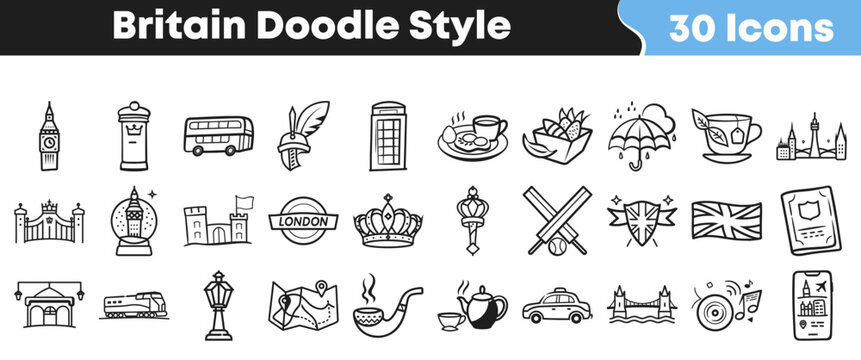 Set of thirty hand drawn doodle icons representing British culture
