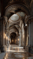 Obraz premium Opulent interior of a grand palace corridor featuring baroque golden arches, marble columns, elegant wall lamps, a small dome, and highly reflective patterned marble flooring.