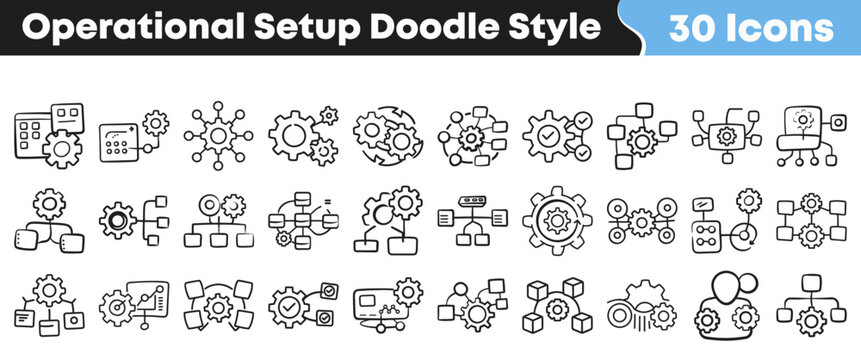 Set of thirty operational setup doodle style icons for business