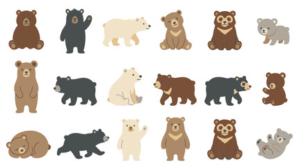 Collection of cute cartoon bears in various poses and colors, including brown, black, and polar bears. © Pink