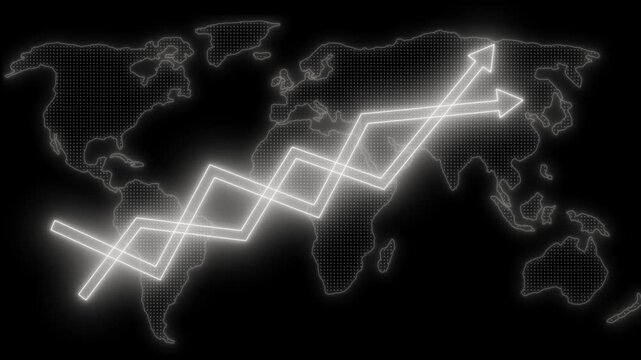 Neon upward arrows over dotted world map animation