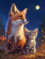 Naklejka premium Red fox and tabby kitten sitting together looking at the moon and stars. Vertical illustration of wild and domestic animals in a grassy autumn field at night. Storybook friendship concept