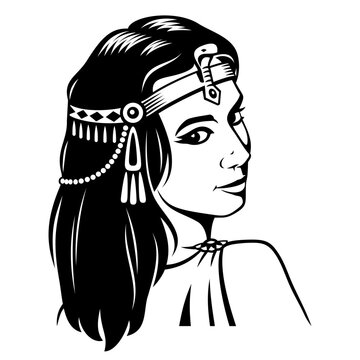 Portrait of Antique Princess. Black and white vector clipart isolated on white.