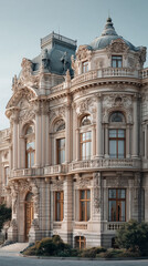 Fototapeta premium Exquisite side view facade of a majestic cream baroque palace, showcasing elaborate stone carvings, Corinthian pillars, arched windows, and a decorated mansard roof dome.