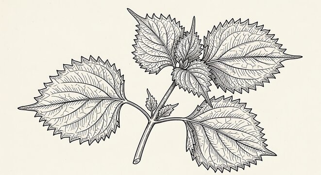 Shiso perilla herb leaves on a branch hand drawn botanical art