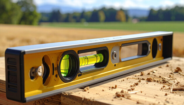 Yellow spirit level on wooden beam in outdoor setting
