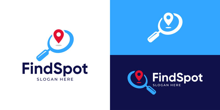 Creative simple find spot logo template. Magnifying glass with pin map point location symbol logo design vector illustration.