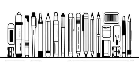 Obraz premium Writing Instruments Including Pens, Pencils, Markers, and Erasers Arranged Neatly on a Surface Featuring Highlighters, Drawing Tools, Office Supplies