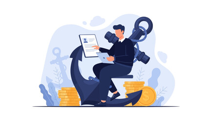 Obraz premium Man Sitting on Anchor with Laptop and Resume, Coins and Nautical Elements