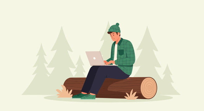Man working on laptop in forest, remote work, digital nomad concept, flat design vector illustration