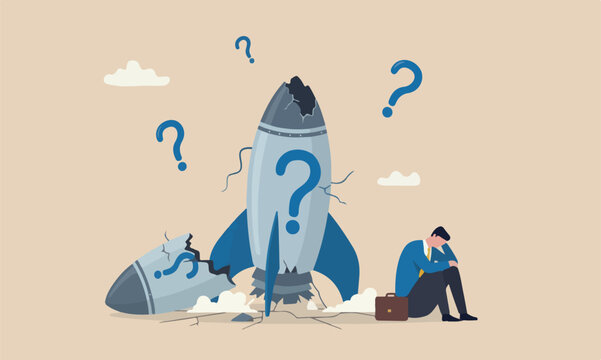 Fail business company sitting on crash launching space rocket metaphor of new business failure