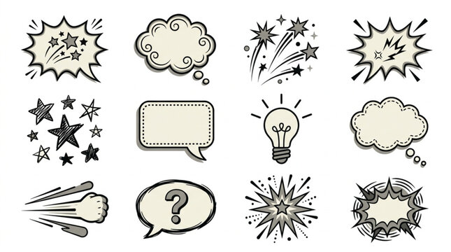 Collection of Hand Drawn Comic Book Speech Bubbles and Symbols.