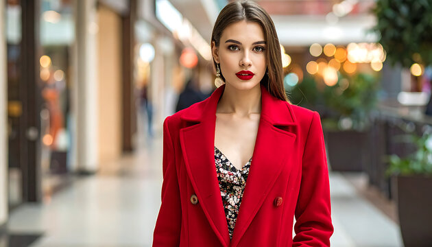 Elegant woman in a red coat and leopard print dress, professional fashion portrait, outdoor shopping mall setting