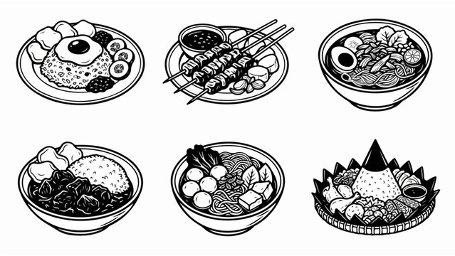 Indonesian Traditional Food Hand Drawn Line Art Illustrations
