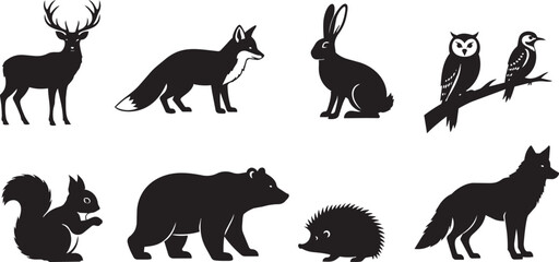 Obraz premium Forest Animal Silhouettes Icon Set in Minimalist Black and White Style