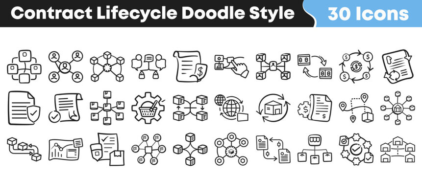 Set of thirty hand drawn contract lifecycle management doodle icons
