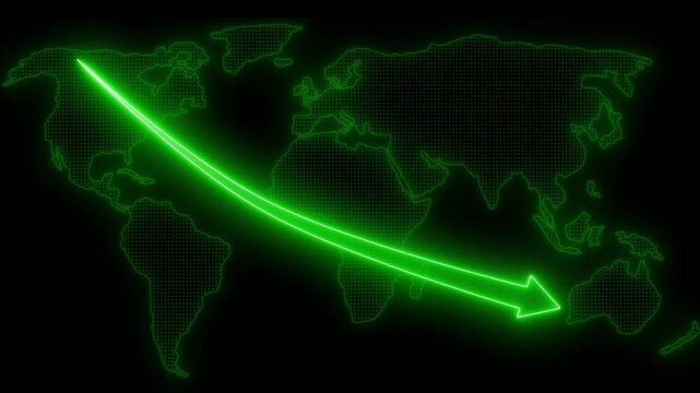 Neon glowing arrow crossing dotted world map animation