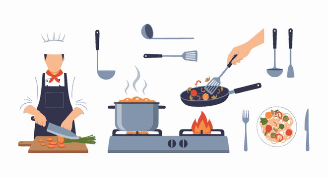 Flat vector illustration of a male chef in uniform chopping carrots an