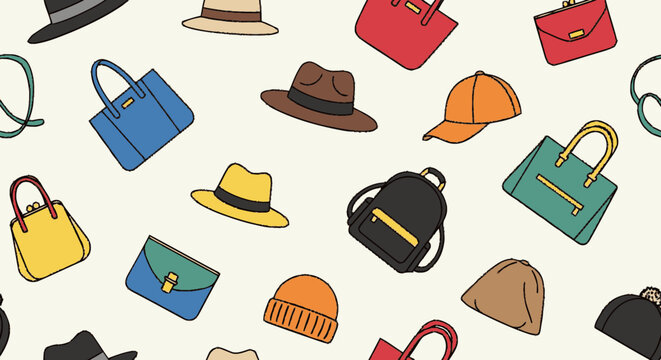 Hand-drawn flat graphic illustration featuring various hats and handba