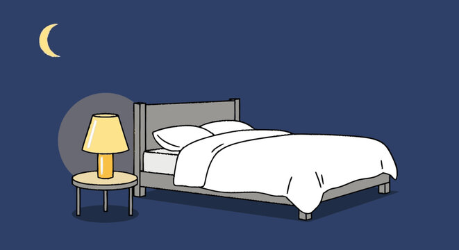 Hand-drawn flat graphic illustration of a bedroom scene at night featu