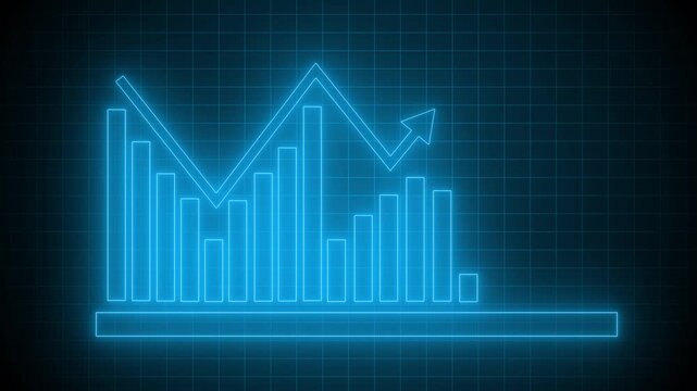 Glowing neon-style bar chart with overlaid line graph and upward arrow animation