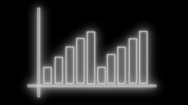Neon-style bar chart with vertical and horizontal axes glowing outline and varying bar heights animation