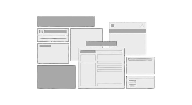 Hand-drawn flat illustration of a conceptual website wireframe featuri
