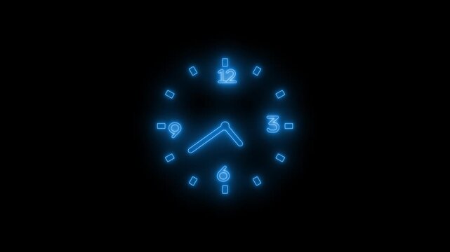 Glowing neon clock face minimalist circular design with luminous hour marks and numbers animation