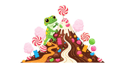 Fototapeta premium Cute green frog climbing candy mountain with lollipops and gummy bears