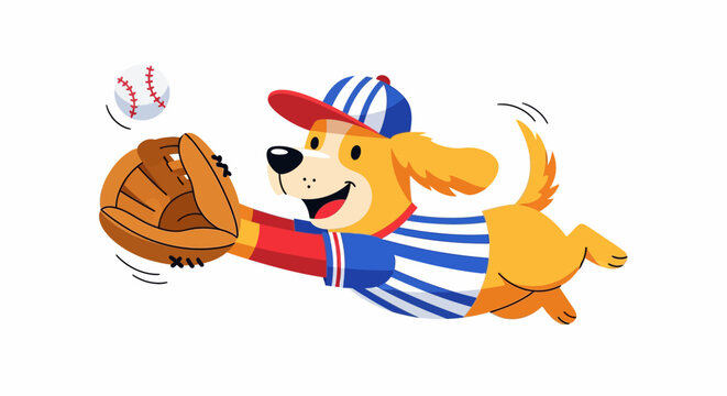 Cartoon Dog Playing Baseball, Catching Ball with Mitt